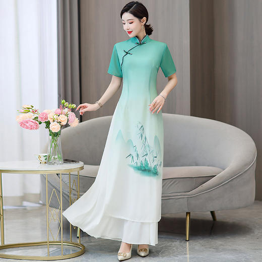 THA533浅绿素雅改良奥黛旗袍2025改良高端气质连衣裙茶服飘逸走秀演出服 商品图0