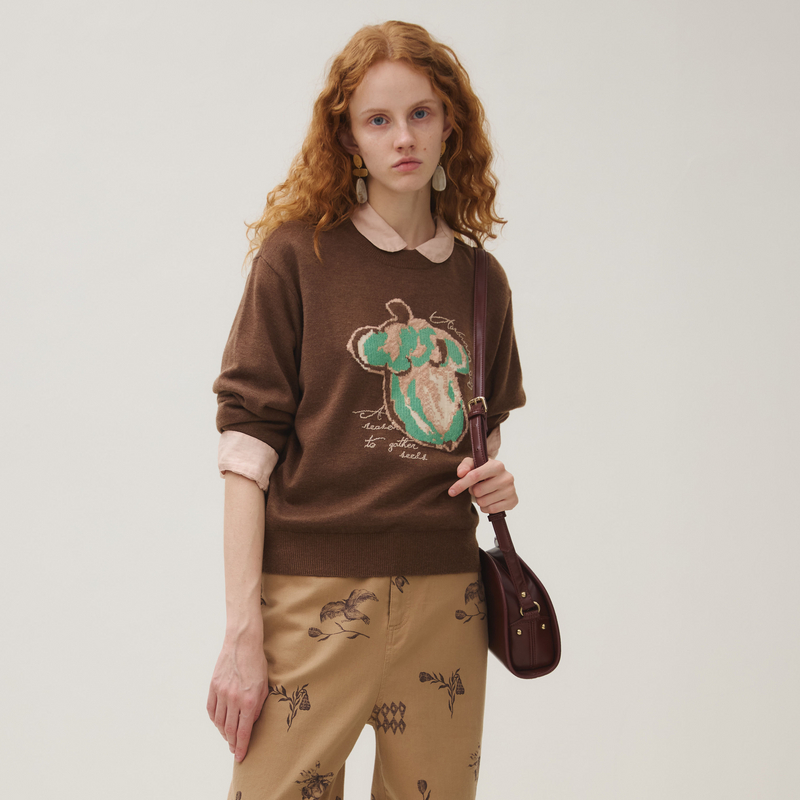 谜底套头针织衫女2025秋季新品文艺风圆领亲肤保暖百搭253MZ1366