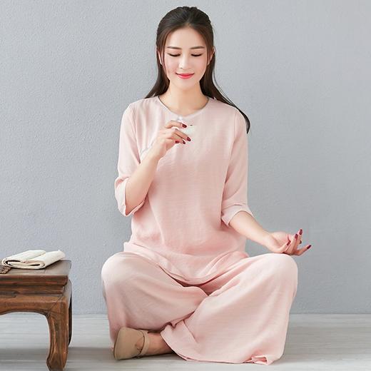 LZY9051夏新款中式复古棉麻休闲宽松禅修服气质打坐茶服太极服瑜伽服套装 商品图3