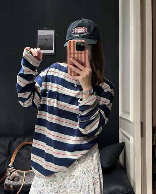 早秋Miu复古色织条纹长袖T恤0806 商品图13