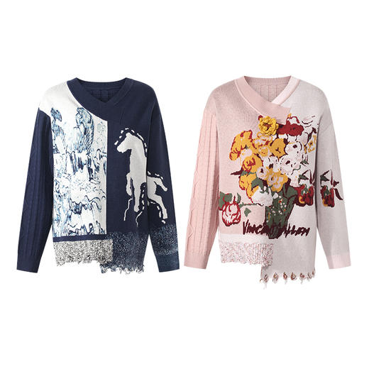 两三事梵高文艺垂芒溯夜2025秋季新款不对称木耳边下摆花色毛衣女 商品图4