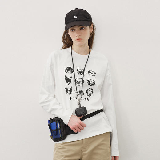 714street美式复古猫狗印花宽松长袖上衣男2025秋季纯棉情侣T恤女 商品图0