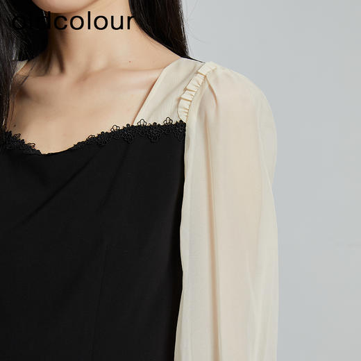 oldcolour商场同款秋气质方领优雅显瘦拼接连衣裙女P321005A1 商品图3