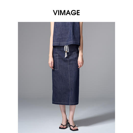 VIMAGE纬漫纪复古高腰可拆腰绳侧面大口袋设计牛仔半裙V2406102 商品图0