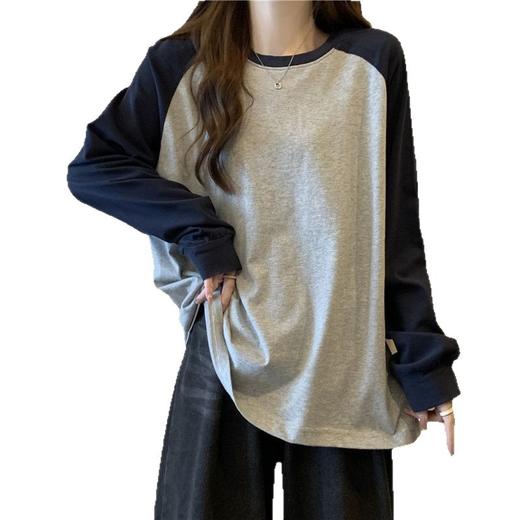 【撞色拼接插肩袖打底衫】内搭早秋冬新款 宽松长袖T恤上衣服  商品图4
