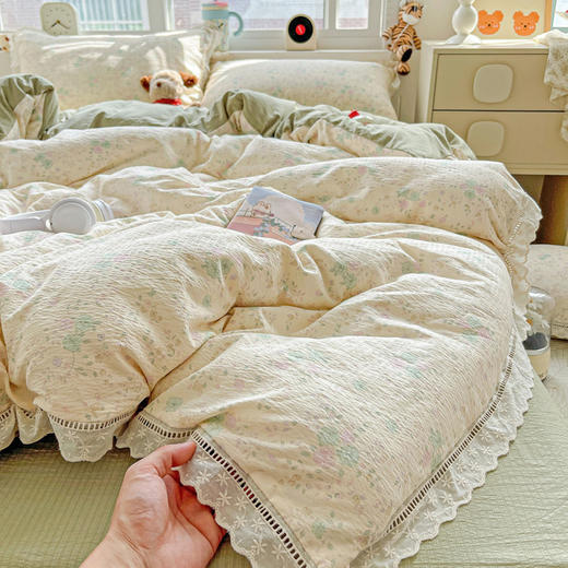 【YW】无忧购【甄选】云感木棉皱皱纱双层纱蕾丝花边四件套碎花可机洗（截单3-5天发货) 商品图1