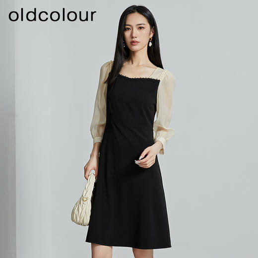 oldcolour商场同款秋气质方领优雅显瘦拼接连衣裙女P321005A1 商品图1