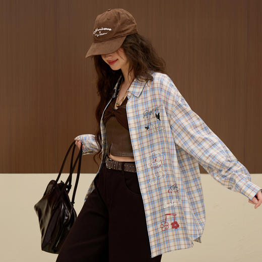 【100棉】三彩独醒2025秋季新款印花格纹衬衫长袖翻领上衣宽松F 商品图3