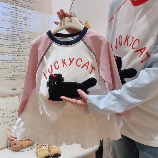 【幸运猫】巴比童装撞色插肩袖防晒衫女2025春拼接圆领宽松休闲百搭长袖T0★ 商品图2