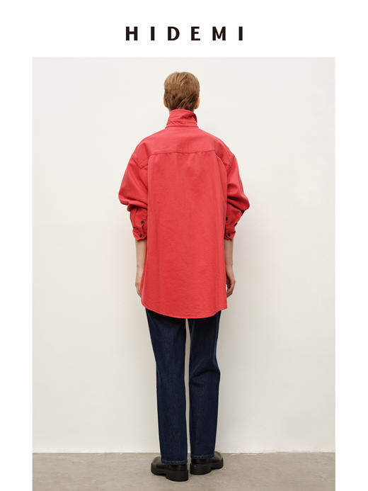 HIDEMI 极简设计感高密水洗牛仔大廓形纽扣式衬衫 马斯正红/水洗复古蓝 商品图7