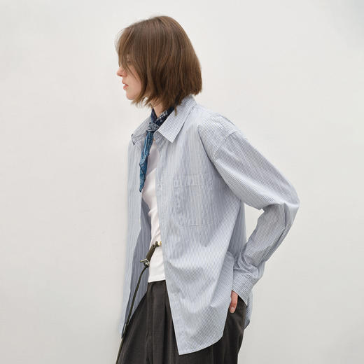 714street 50支精纺纯棉宽松长袖情侣衬衣2025秋季三色条纹衬衫男 商品图2