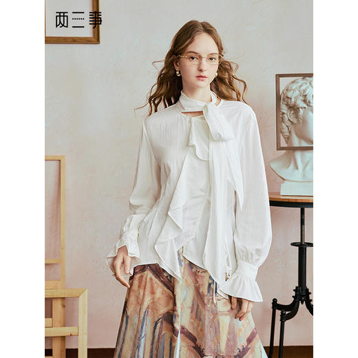 两三事巴黎烟云2025秋季新款法式优雅荷叶边拼接不规则长袖衬衫女 商品图0