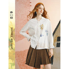 两三事梵高文艺 绮园梵迹 2025秋季新款小清新印花绑带翻领衬衫女