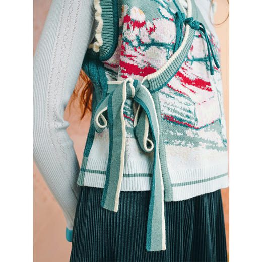 两三事梵高文艺 叩春声 2025秋季新款复古花色绑带无袖针织开衫女 商品图3