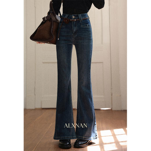 鹿向南「罗曼油画」黑色高腰微喇牛仔裤女初秋修身显瘦直筒长裤子 商品图3