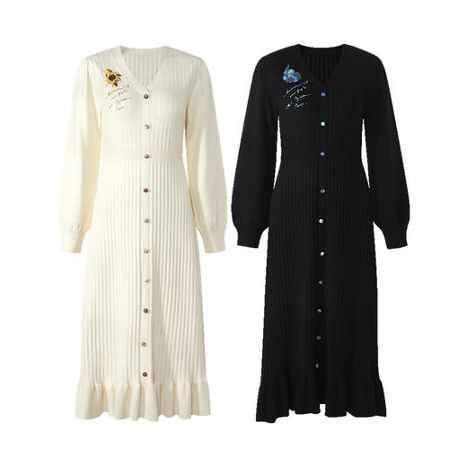 两三事梵高文艺暗香昼永2025秋新款淑女绣花荷叶边裙摆针织连衣裙 商品图4