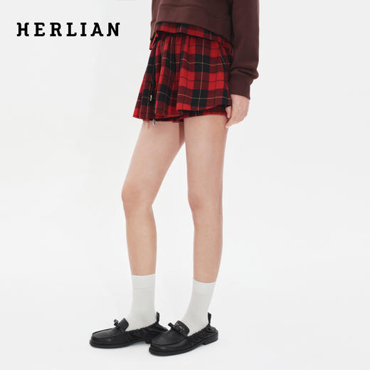 HERLIAN2025年秋季新品女士腰部抽绳设计黑红格纹裙裤 商品图0