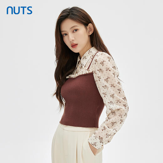 NUTS商场同款春秋季设计感小众碎花针织拼接长袖套头衫女331012188 商品图2