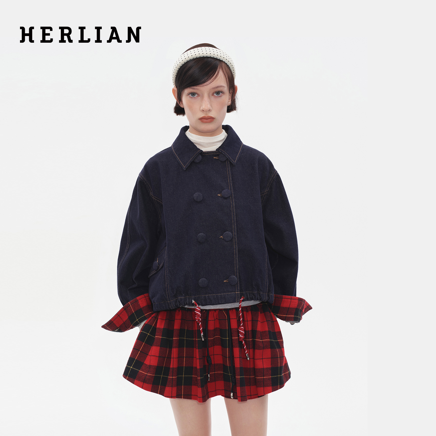 HERLIAN2025年秋季新品黑红格纹拼接抽绳可调节下摆设计牛仔外套