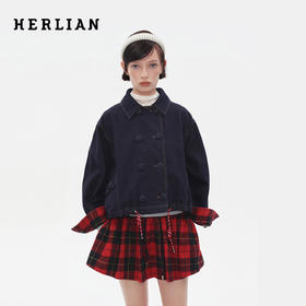 HERLIAN2025年秋季新品黑红格纹拼接抽绳可调节下摆设计牛仔外套