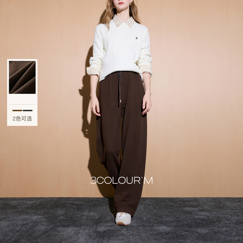 三彩2025冬季新款慵懒休闲长裤抽绳松紧高腰直筒裤垂感显瘦M