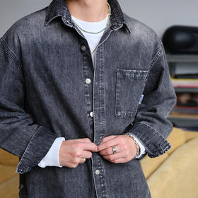 徐太浪400g做旧刮烂水洗牛仔长袖衬衫男2025新款春秋痞帅通勤衬衣