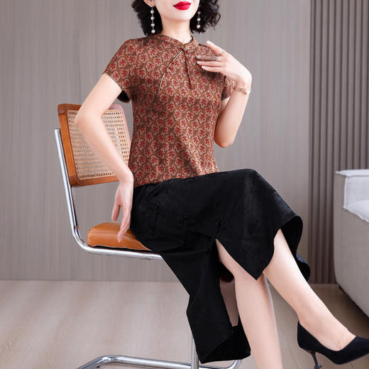 复古盘扣立领上衣女短袖夏季薄款中年妈妈碎花套装 商品图1