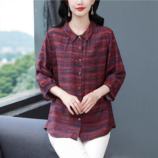 大码女装棉麻衬衫夏季妈妈装Polo领复古条纹亚麻衬衣高端苎麻上衣 商品图2