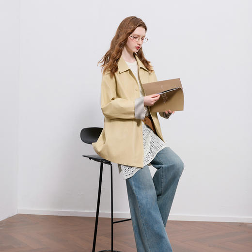 三彩2025秋季新款皮衣PU皮外套休闲翻领落肩袖宽松中长开衫M 商品图3