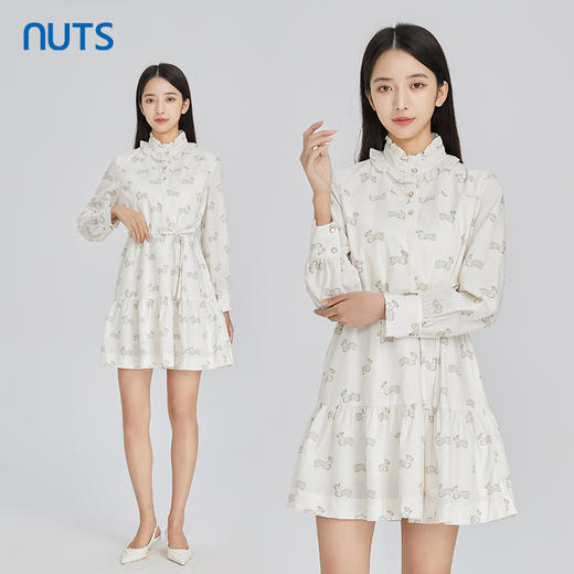 NUTS商场同款春秋季白色木耳领气质收腰长袖连衣裙女315103179B 商品图1