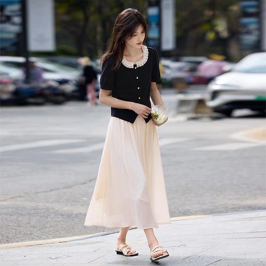 【周四狂欢价】熙世界法式短袖花边领t恤雪纺半身裙两件套女2025夏装搭配一整套 商品图4