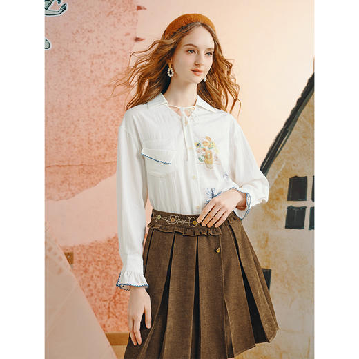 两三事梵高文艺 绮园梵迹 2025秋季新款小清新印花绑带翻领衬衫女 商品图1