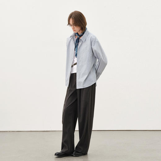 714street 50支精纺纯棉宽松长袖情侣衬衣2025秋季三色条纹衬衫男 商品图3