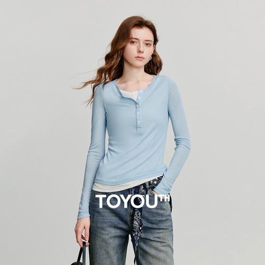 初语轻薄软糯长袖T恤女撞色假两件时髦叠穿打底衫上衣 商品图0