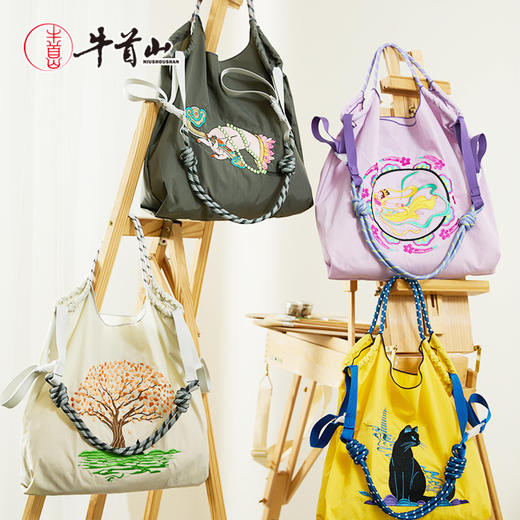 南京牛首山明星同款刺绣尼龙包抽绳托特包购物袋单肩包大容量 商品图0