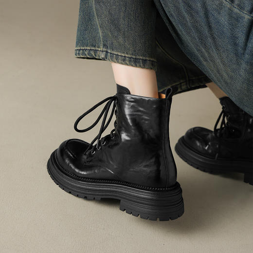 阿么手工女鞋系带厚底马丁靴增高不累脚复古辣妹风真皮短靴女5CM 商品图3