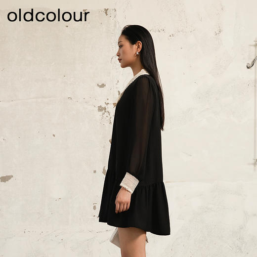 oldcolour夏季新款黑色高级设计感拼接宽松长袖连衣裙女P321008A1 商品图2