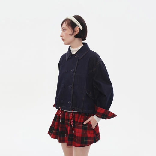 HERLIAN2025年秋季新品黑红格纹拼接抽绳可调节下摆设计牛仔外套 商品图2