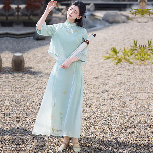 日常汉服新中式女装改良旗袍上衣复古国风年轻款禅意茶艺服两件套 商品图0