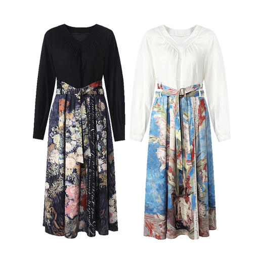 两三事梵高文艺花海星砂2025秋季新款法式印花裙摆拼接a字连衣裙 商品图4