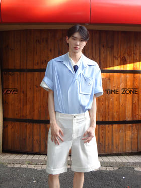 【七夕专属礼盒 | 怦然心动】启世录：白色错位压褶短袖衬衫+白色口袋翻折短裤+蓝色立体门襟短袖衬衫