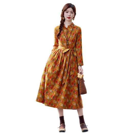 SYY2633全棉印花绒感碎花中长款连衣裙女2025春秋新款温婉大方洋气裙子 商品图4