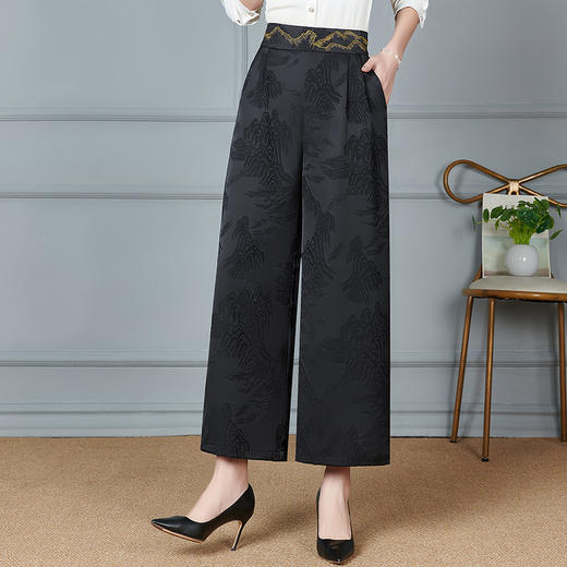 妈妈大码新款提花百搭高腰阔腿裤夏季休闲宽松中老年时尚国风裤子 商品图1