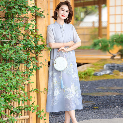 C2953时尚洋气彩绘妈妈夏装新中式国风连衣裙雪纺遮肚显瘦中老年女装潮 商品图1
