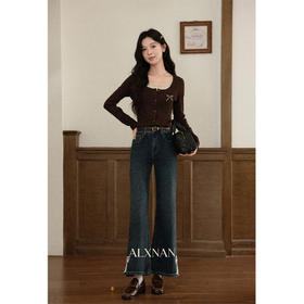 鹿向南「焦糖玛奇朵」假两件正肩长袖t恤女早秋修身短款咖色上衣