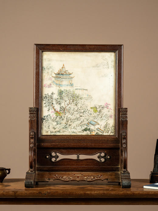 清	红木镶云石彩绘山水楼台大插屏 商品图1