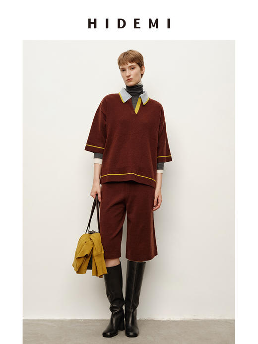 HIDEMI 进口澳洲美利奴羊毛马卡龙拼接撞色polo领中袖中裤针织毛衣套装 polo衫/中裤 商品图1