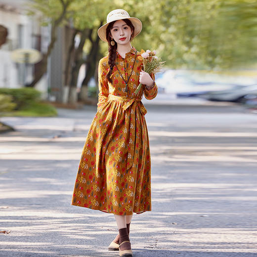 SYY2633全棉印花绒感碎花中长款连衣裙女2025春秋新款温婉大方洋气裙子 商品图0