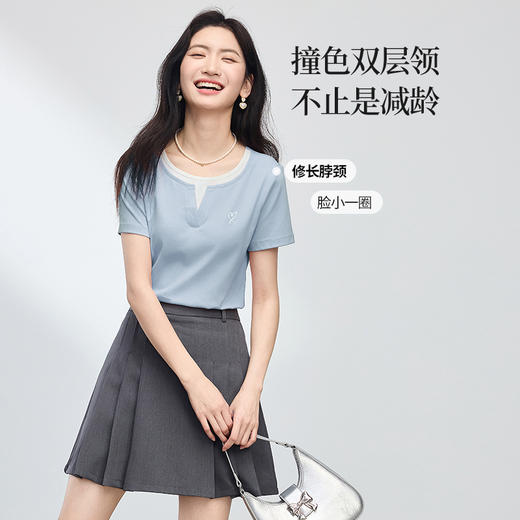 【五折购】熙世界短袖t恤女士2025年新款夏季百搭设计感撞色圆领假两件上衣 商品图2