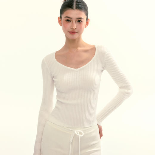 Ariseism 美式复古3色v领坑条纹长袖针织衫女秋季新款修身上衣 商品图1